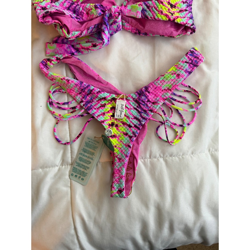Luli Fama Women's Pink Strappy Bandeau Top / Back Tie Side Bikini Bottom Size SM - Picture 8 of 13